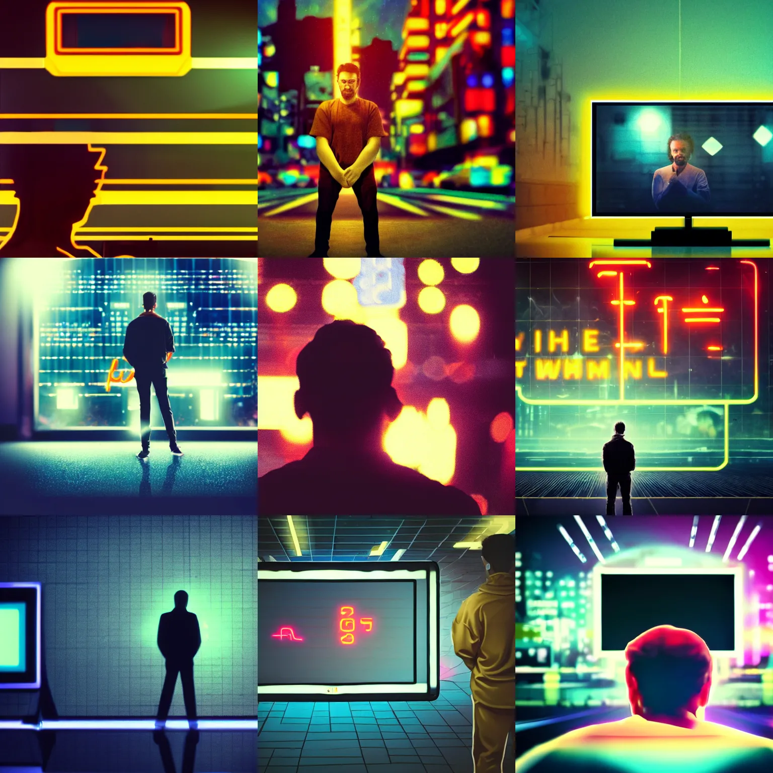 Prompt: a man facing the camera with a 8 0's television instead of his head, neon lights, neon city, deviantart, artstation, bokeh, movie still, award wining photograph