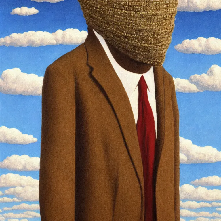 Image similar to portrait of a faceless burlap sack - head man in a suit, clouds in the background, by rene magritte, detailed painting, distance, centered, hd, hq, high resolution, high detail, 4 k, 8 k