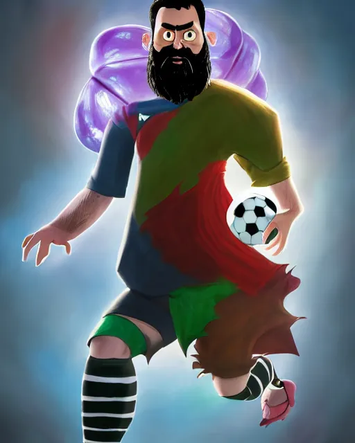 Prompt: an epic fantasy comic book style full body portrait painting of a bearded soccer player, evil smirk, shaved head, stabbing a soccer ball, deflating it, character design by Mark Ryden and Pixar and Hayao Miyazaki, unreal 5, DAZ, hyperrealistic, octane render, cosplay, RPG portrait, dynamic lighting, intricate detail, summer vibrancy, cinematic