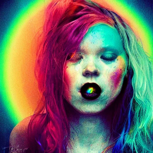 Prompt: beautiful albino woman vomiting rainbows, unral engine octane, colorful, darkart