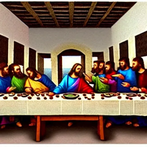 Prompt: a photo of the last supper, highly detailed photorealistic