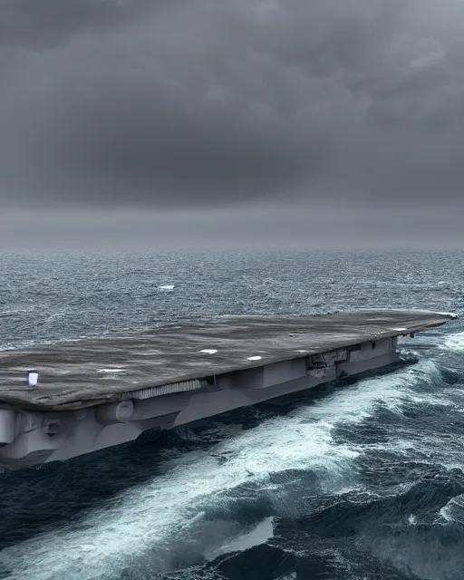 Image similar to view from an aircraft carrier of stormy seas, stormy weather, unreal engine, hyper realism, realistic shading, cinematic composition, realistic render, octane render, detailed textures, photorealistic, ultrawide shot, 16mm lens