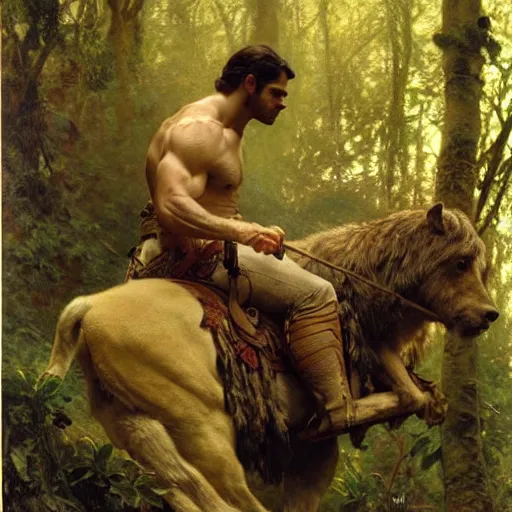 Image similar to attractive henry cavill as withcer and attractive joey batey as jaskier hauting wild creature in the wood highly detailed painting by gaston bussiere, craig mullins, j. c. leyendecker, alphonse mucha 8 k