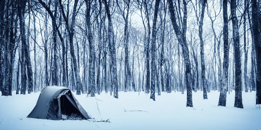 Prompt: survival in a winter forest, cinematic, cold tone,