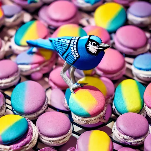 Image similar to A blue jay standing on a large basket of rainbow macarons.