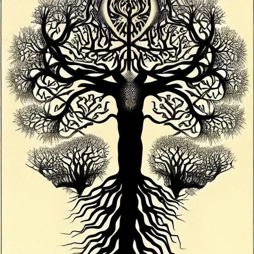 Image similar to a highly detailed tattoo outline of the tree of life shaped like a woman with arms raised, by roger dean and andrew ferez, art forms of nature by ernst haeckel, divine chaos engine, symbolist, visionary, art nouveau, organic fractal structures, surreality, detailed, realistic, ultrasharp