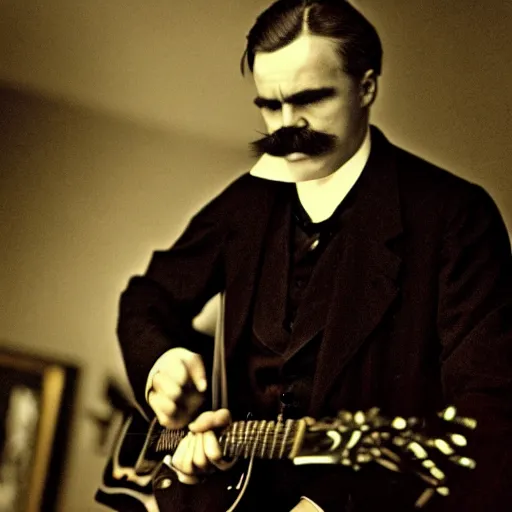 Image similar to Friedrich Nietzsche wearing an all-black outfit and playing an electric guitar in a bar, 8k, cinematic