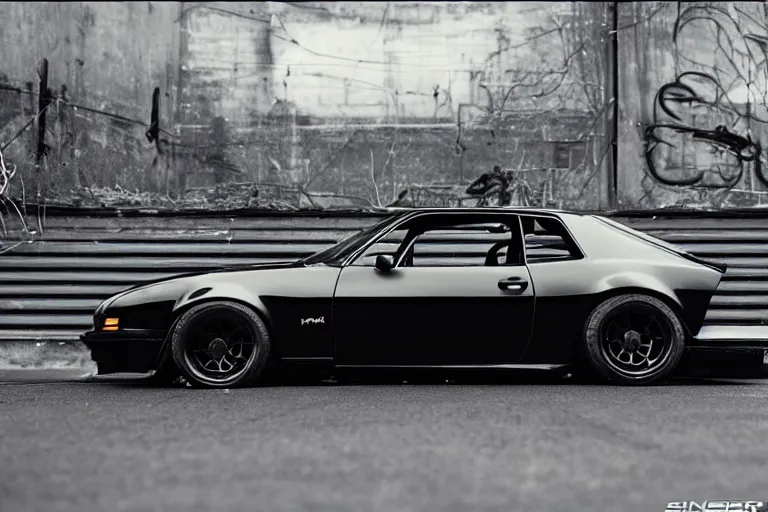 Image similar to widebody all black audi camaro b 7 ( 1 9 6 9 ) modernized, need for speed : carbon, at night, sci - fi, neon lines, phonk music background, smoke behind wheels, noise, dark, establishing shot, by simon stalenhag