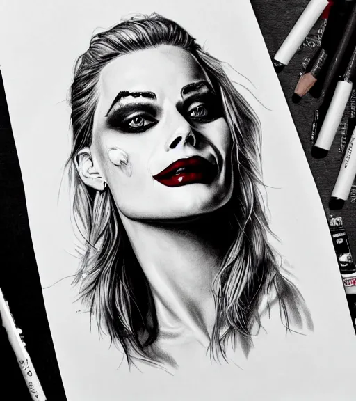 Image similar to tattoo design sketch of beautiful margot robbie portrait with joker makeup, in the style of den yakovlev, realistic face, black and white, realism tattoo, hyper realistic, highly detailed, award winning drawing