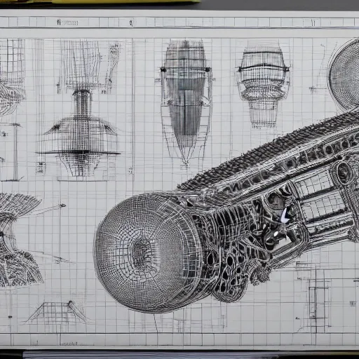 Image similar to A concept of a detailed and intricate design of a mechanical deconstructor 3d design, great finesse organic hyper detailed, engineering blueprints, technical drawings, calculus, stained paper