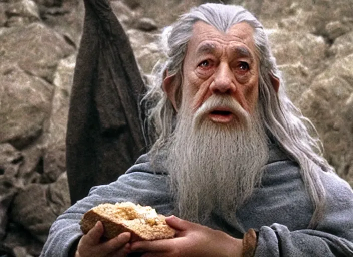 Image similar to a scene from Lord of the Rings with Gandalf as a loaf of bread