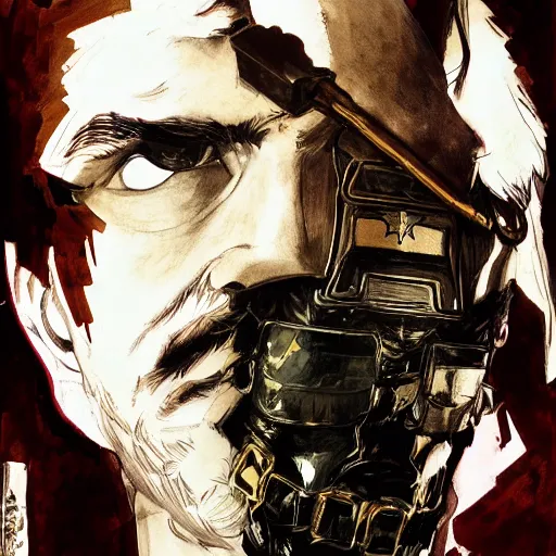 Image similar to portrait of a hero holding his sword in front of his face by yoji shinkawa, high quality, extra details, realism, ornate, colored, golden chain, blood, white skin, short hair, brown eyes, vivid, sunlight, dynamic, american man, military, futuristic freedom, white american soldier, painting