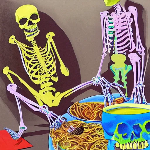 Prompt: a colorful painting of a cool anatomical skeleton eating raman at long beach, high noon