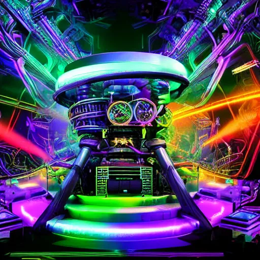 Image similar to album cover, album is called tripmachine, photo of a huge futuristic steampunk machine, made of guitars and drums and pianos, glowing monitors, connected with glowing tubes 8 k, fluorescent colors, halluzinogenic, multicolored, exaggerated detailed, front shot, 3 d render, octane