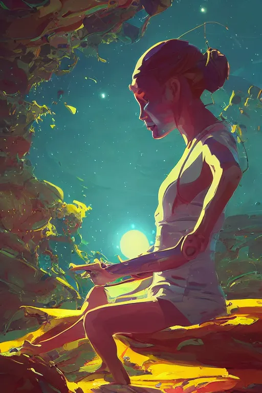 Image similar to astronaut sitting on an alien beach, watching the planets, psychedelic vegetation, art gta 5 comics, official fanart behance hd artstation by jesper ejsing, by rhads, makoto shinkai and lois van baarle, ilya kuvshinov, ossdraws radiating a glowing aura cgi rtx 2 0 2 2