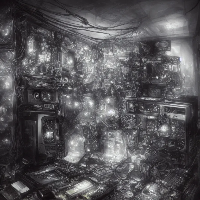 Prompt: the inside of a computer by mahmoud farshchian, mia brownell, very detailed, maximalism, ambient occlusion, volumetric light, atmospheric haze, hyper realism, realistic shading, cinematic composition, realistic render, photorealistic, wide shot