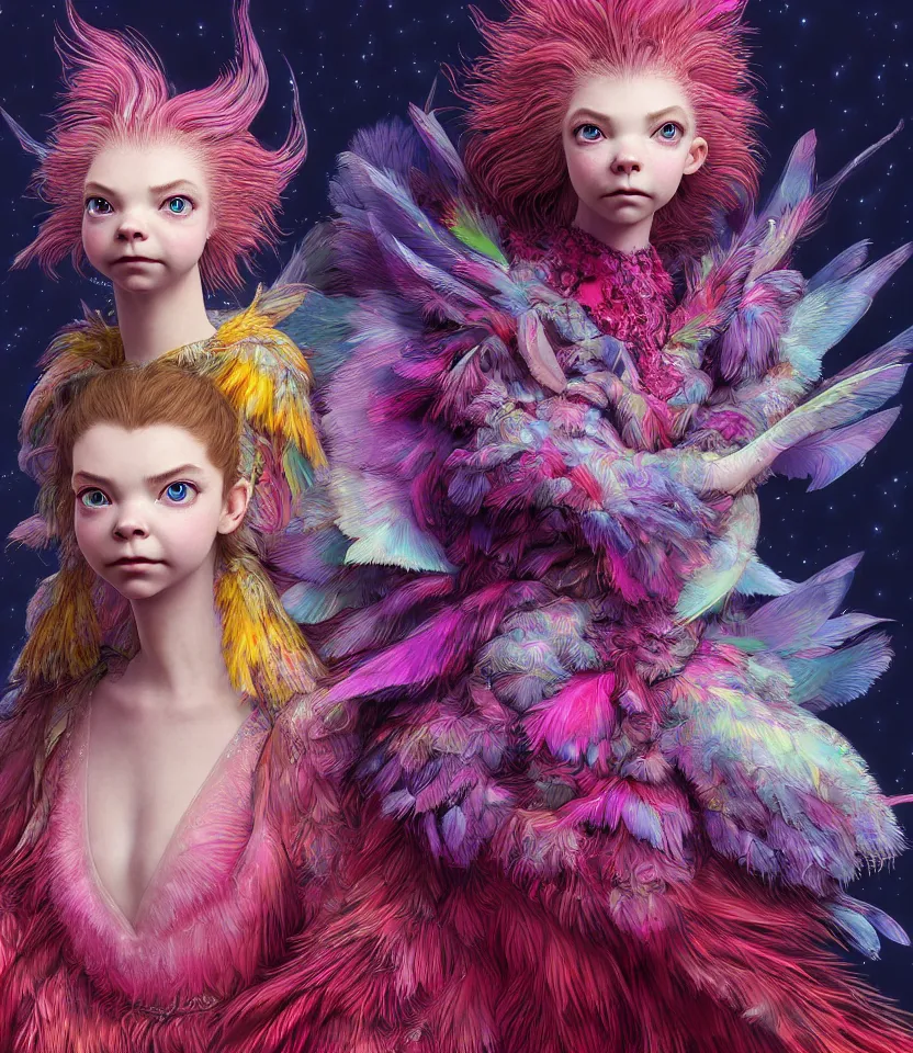 Prompt: hyper detailed 3d render like a Oil painting - kawaii portrait of two Aurora (a beautiful girl skeksis muppet fae princess protective playful expressive acrobatic from dark crystal that looks like Anya Taylor-Joy) seen red carpet photoshoot in UVIVF posing in feather dress to Eat of the Strangling network of yellowcake aerochrome and milky Fruit and His delicate Hands hold of gossamer polyp blossoms bring iridescent fungal flowers whose spores black the foolish stars by Jacek Yerka, Ilya Kuvshinov, Mariusz Lewandowski, Houdini algorithmic generative render, golen ratio, Abstract brush strokes, Masterpiece, Edward Hopper and James Gilleard, Zdzislaw Beksinski, Mark Ryden, Wolfgang Lettl, hints of Yayoi Kasuma and Dr. Seuss, octane render, 8k