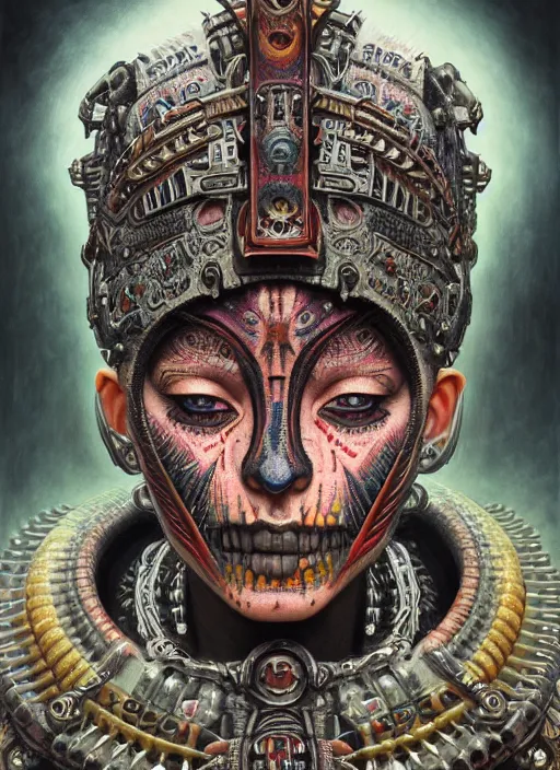 Image similar to hyper detailed masterpiece undead aztec face tattoo warrior by donato giancola and tom bagshaw, face by artgerm and edmund leighton, and h. r. giger, trending on artstation, colorful, psychedelic aesthetic, ornate, background by james jean, 8 k, biomechanical, majestic, volumetric lighting, porcelain skin, concept art, sharp focus