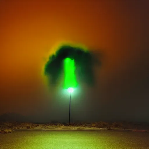 Image similar to the last living thing on earth, disaster, gloomy, sad, dust filled air, dim orange and green light, photography.