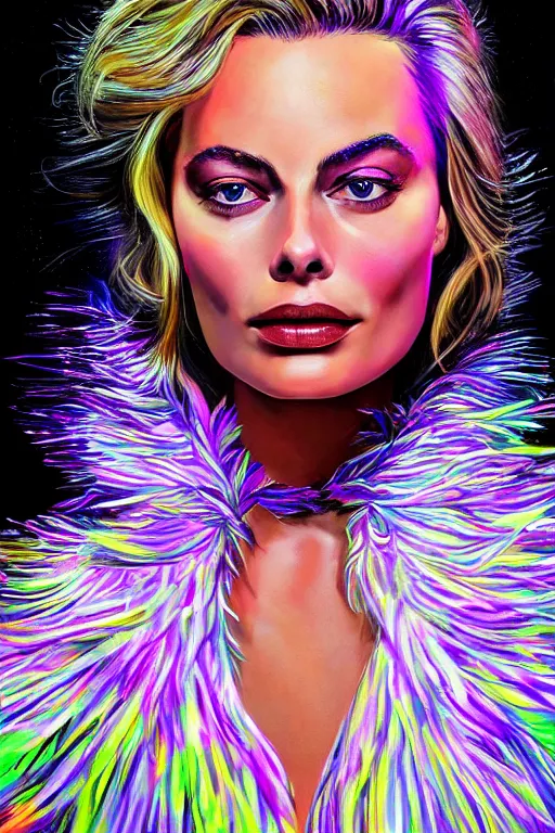 Image similar to Detailed portrait of beautiful Margot Robbie strong neon lighting, extravagant feathered collar, futuristic, by glenn fabry, hyper realistic, HD, oil on canvas