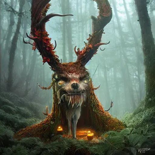 Image similar to highly detailed creepy forest creature with antlers, stephen bliss, unreal engine, fantasy art by greg rutkowski, loish, rhads, ferdinand knab, makoto shinkai and lois van baarle, ilya kuvshinov, rossdraws, tom bagshaw, global illumination, radiant light, detailed and intricate environment