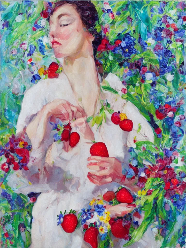 Image similar to “organic, portrait of a woman wearing white silk, neoexpressionist, eating luscious fresh raspberries and strawberries and blueberries, edible flowers, acrylic and oilstick on canvas”