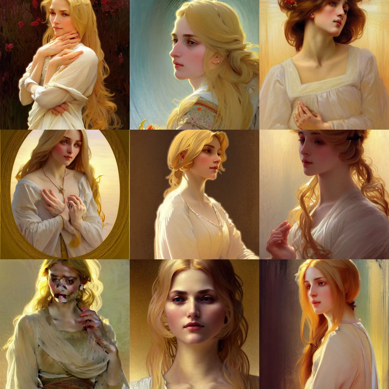 Prompt: painted portrait of a modest wife blessed by god with ever - increasing intelligence beauty and virtue. blonde, clothed holy body, light effect. feminine, powerful, in clothes! highly detailed, intricate, elegant, concept art, digital painting, artstation, smooth, sharp focus, illustration, art by gaston bussiere and alphonse mucha