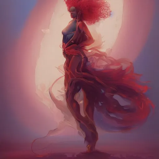 Image similar to a painting of a woman who made of curly red edges silk is holding a sword, a digital painting by peter mohrbacher, trending on artstation, metaphysical painting, speedpainting, made of feathers, digital painting, holographic undertones, highly saturated colors, 4 k, digital art, concept art, trending on artstation