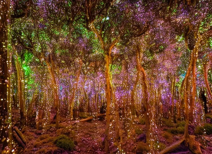 Image similar to a magical forest with crystal flowers that glow in the dusk, low gamma, low exposure ,