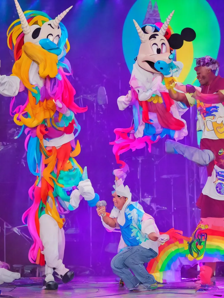 Image similar to a disney cartoon rainbow beat boxing unicorn on stage with a microphone