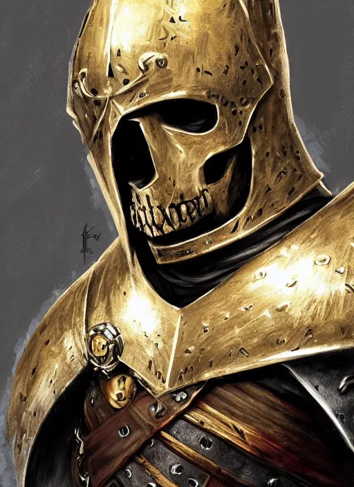Prompt: a character concept of a skull headed knight with a skull hemet, wearing golden armor, hyper realistic, unreal, craig mullins, alex boyd, lord of the rings, game of thrones, dark souls, artstation, warhammer