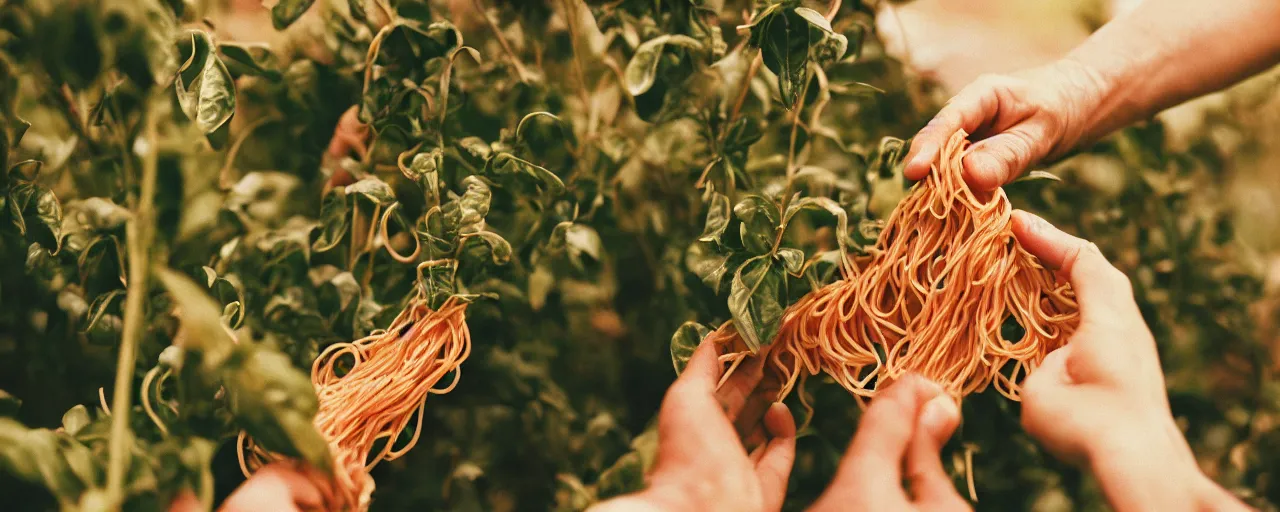 Image similar to medium shot of hands harvesting spaghetti that's growing on a plant, on a farm, canon 5 0 mm, cinematic lighting, photography, retro, film, kodachrome