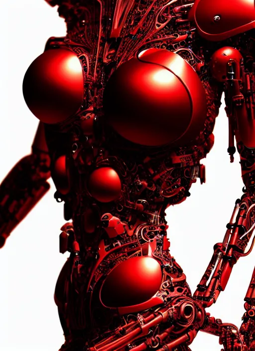 Image similar to organic cyborg full frontal torso close-up, vivid red satin plastic, diffuse lighting, fantasy, intricate, elegant, highly detailed, lifelike, photorealistic, digital painting, artstation, illustration, concept art, smooth, sharp focus, art by John Collier and Albert Aublet and Krenz Cushart and Artem Demura and Alphonse Mucha