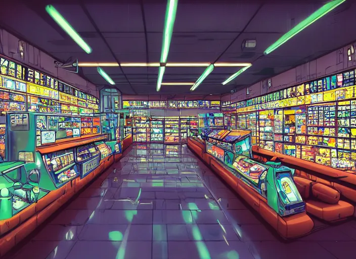 Prompt: lomography, anime background, a detailed airport convenience store interior, glowing, haruhiko mikimoto, hisashi eguchi, lodoss, architectural perspective, dramatic lighting, displays with detailed products, sharpened image, yoshinari yoh