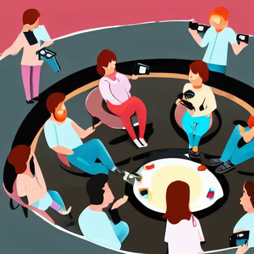 Image similar to a group of adults playing games on their phones while sitting in circle, digital painting, illustration