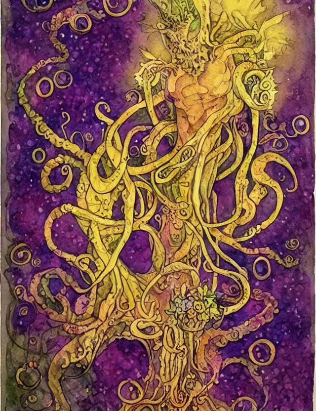 Prompt: lovecraftian god of light and flowers. this watercolor and goldleaf work by the beloved children's book illustrator has interesting color contrasts, plenty of details and impeccable lighting.