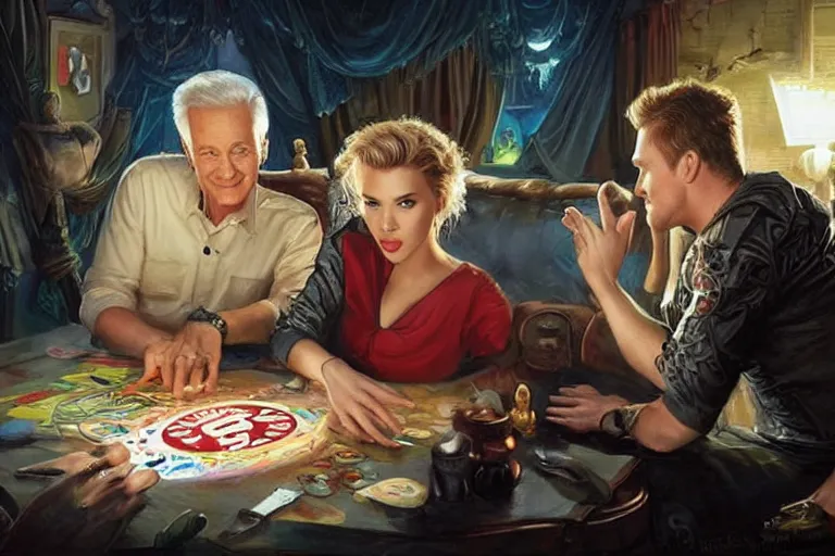 Image similar to portrait of bob barker playing twister with scarlett johansson, an oil painting by ross tran and thomas kincade