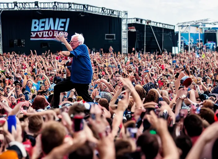 Image similar to photo still of bernie sanders at vans warped tour!!!!!!!! at age 8 0 years old 8 0 years of age!!!!!!! stage diving into a crowd, 8 k, 8 5 mm f 1. 8, studio lighting, rim light, right side key light