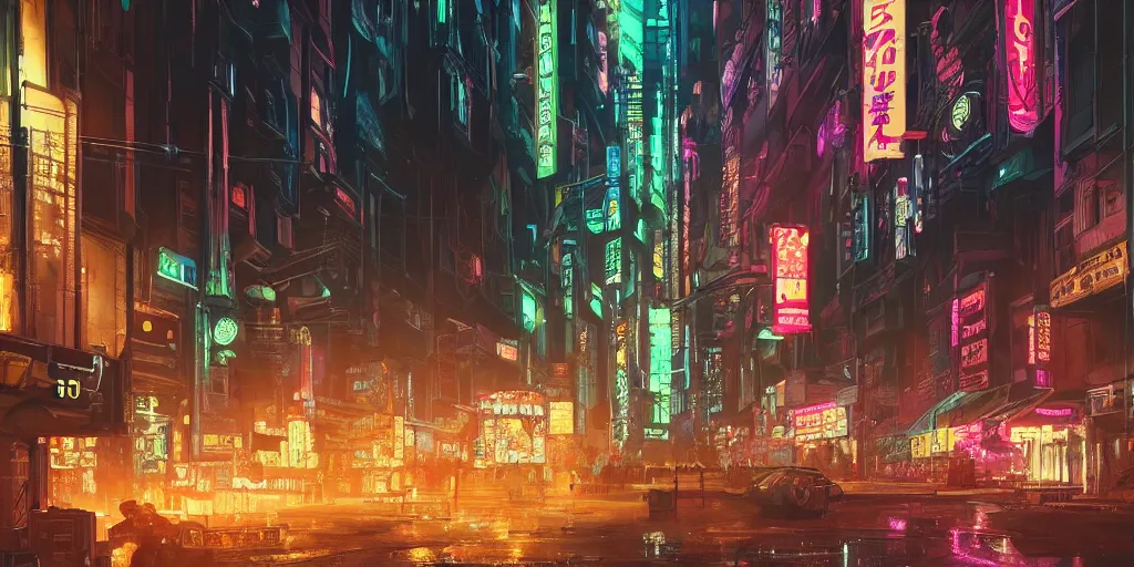 Image similar to bustling neon cyberpunk street, nighttime!!, illustrated by ricardo bofill, greg rutkowski, and amano yoshitaka, trending on artstation, golden ratio!!!, centered!!!, unsplash!!!!, cgsociety contest winner, zbrush!!!, 4 k, 8 k