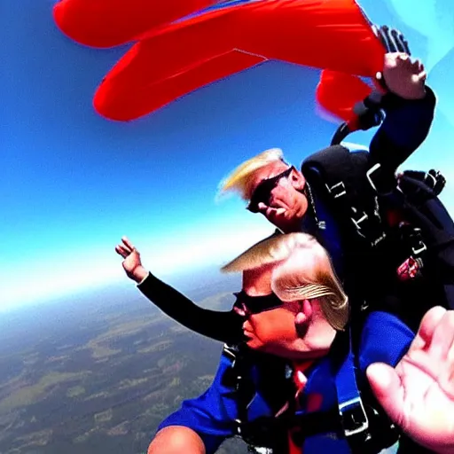 Prompt: photo of donald trump skydiving, hair blowing wildly, gopro camera