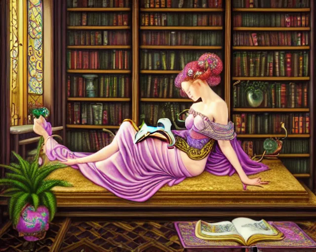 Image similar to a detailed fantasy pastel of a woman wizard in ornate clothing lounging on a purpur pillow on the marble floor in front of her bookcase in a room, reading an ancient tome. to the side is a potted plant, moody light. ancient retrofuturistic setting. 4 k key art. raytracing, perspective, by chie yoshii and casey weldon