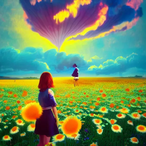 Image similar to full body daisy flower head, girl standing in a flower field, head hidden behind huge daisy flower, surreal photography, sunrise, dramatic light, impressionist painting, colorful clouds, digital painting, artstation, simon stalenhag