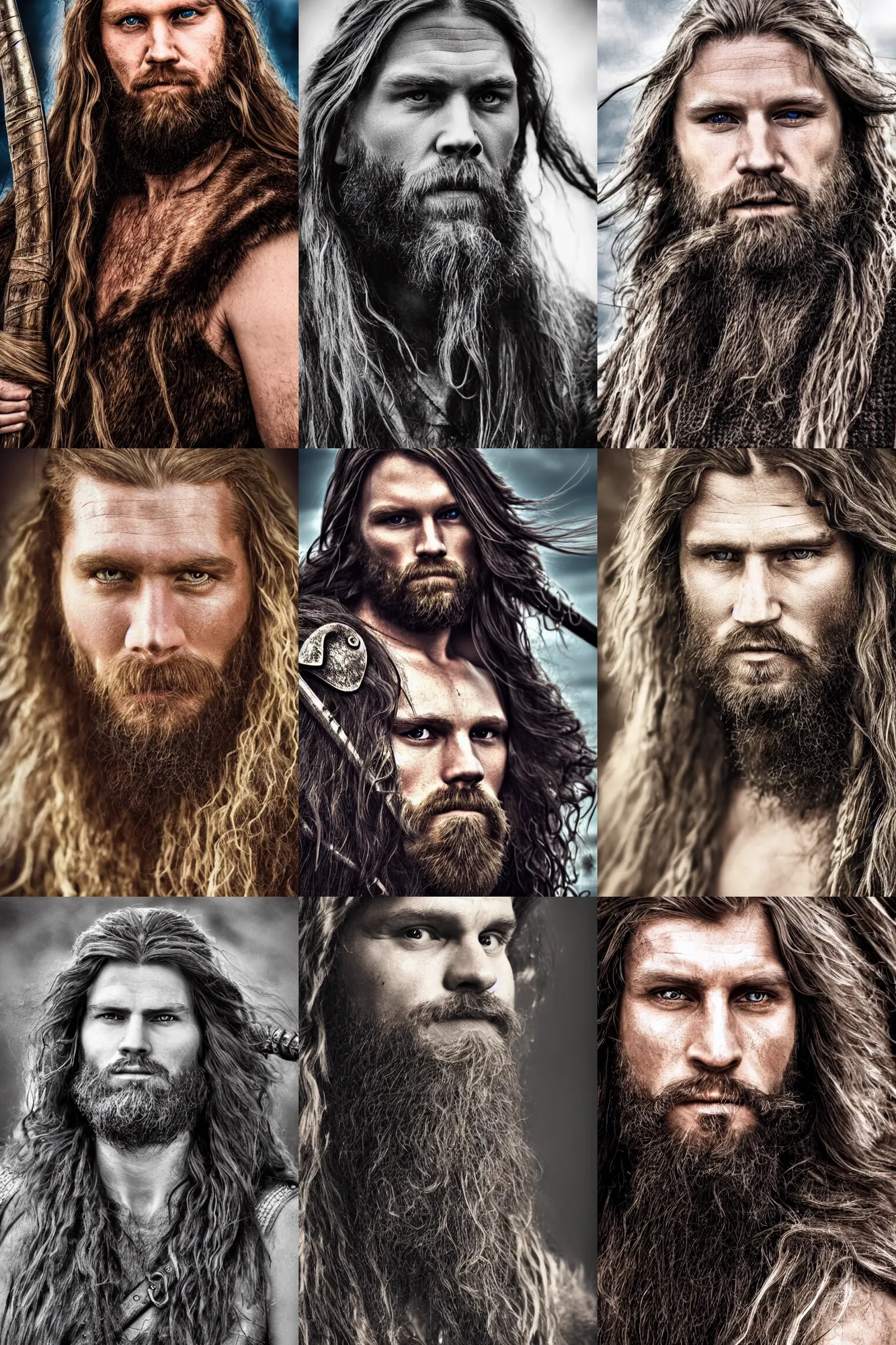 Prompt: realistic photo of a handsome viking man with long hair, highly detailed, portrait, close - up,