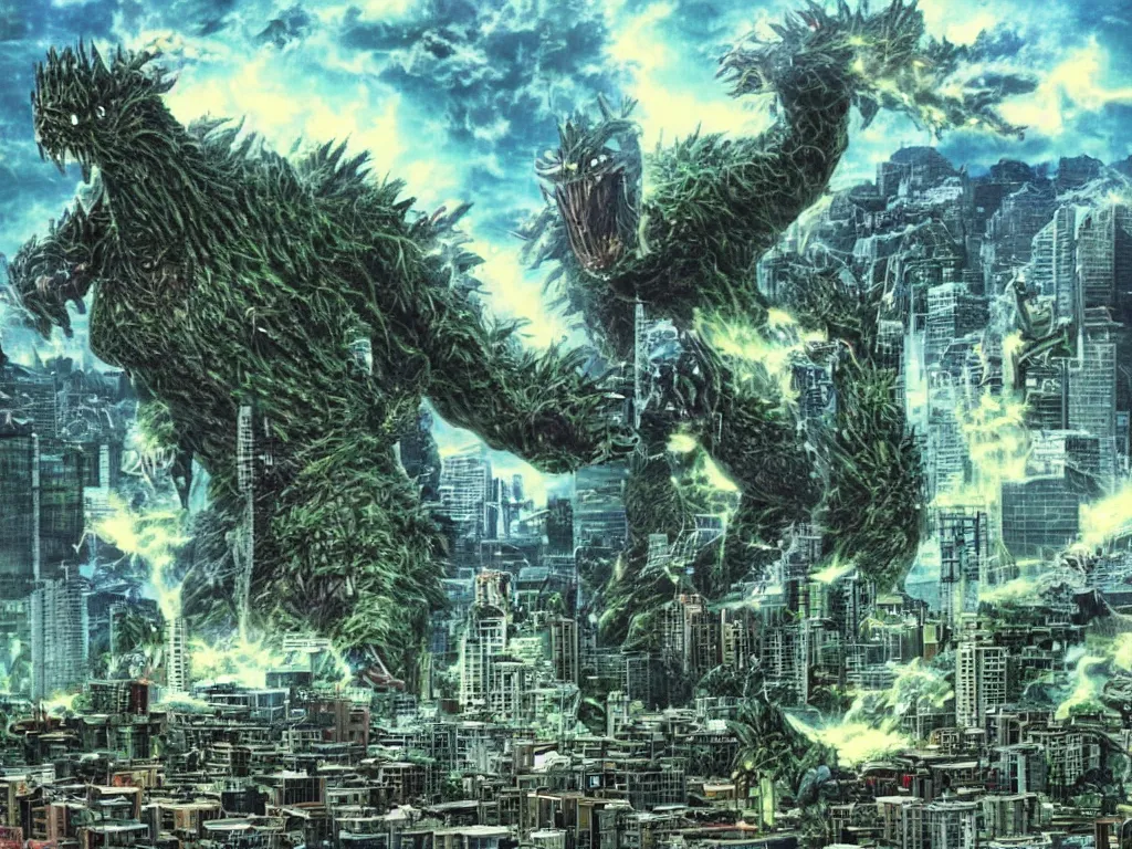 Image similar to Heisei era Biollante kaiju destroying a city