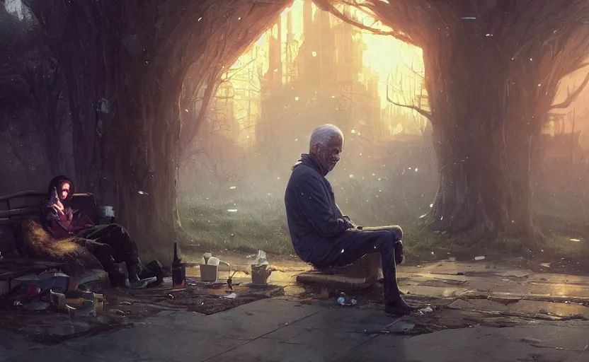 Image similar to highly detailed portrait of joe biden as a homeless, in vr, stephen bliss, unreal engine, fantasy art by greg rutkowski, loish, rhads, ferdinand knab, makoto shinkai and lois van baarle, ilya kuvshinov, rossdraws, tom bagshaw, global illumination, radiant light, detailed and intricate environment