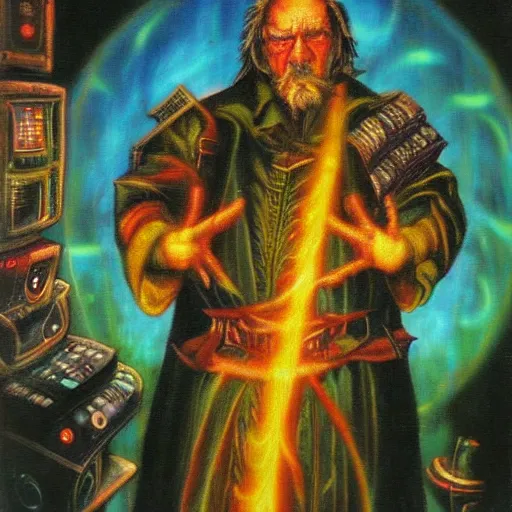 Image similar to book cover of wizard surrounded by crt televisions pvm oil on canvas