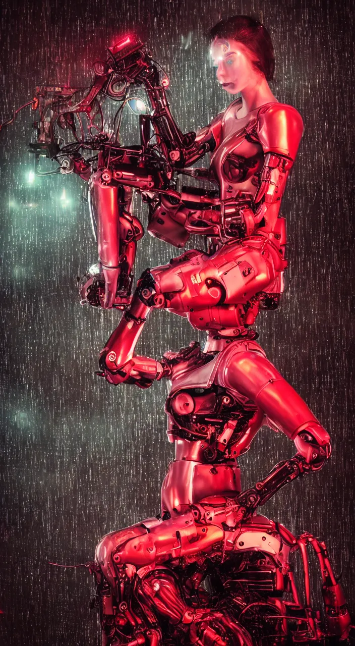 Image similar to woman, android, female robot, cyberpunk, artificial limbs, circuit, wires, mechanisms, tattoos, sitting on a motorcycle, neon lights, hard light, lense flares, glamour, vogue photoshoot, fashion, long dress, red dress, raindrops, rain, wet, make - up, leaky make - up, red lipstick