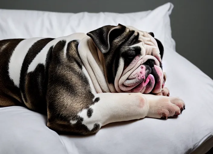 Image similar to a closeup, 4 5 mm, portrait of a sleeping english bulldog in a bed, on a pillow, candle light, 4 5 mm, by franz lanting