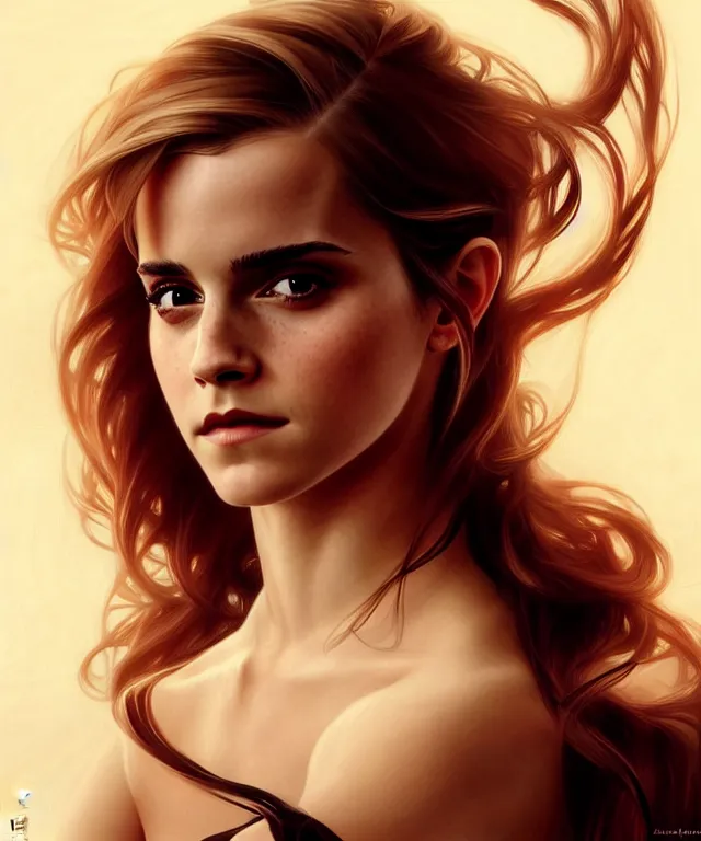 Image similar to Emma watson elegant dancer woman portrait, sci-fi, amber eyes, face, long hair, fantasy, intricate, elegant, highly detailed, digital painting, artstation, concept art, smooth, sharp focus, illustration, art by artgerm and greg rutkowski and alphonse mucha