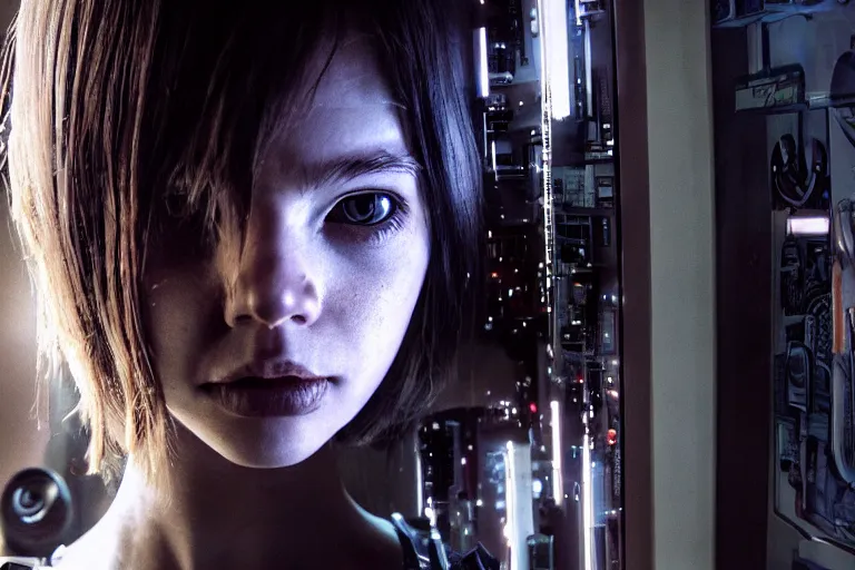 Image similar to cinematography closeup portrait of a cyborg girl in a cyberpunk apartment by Emmanuel Lubezki